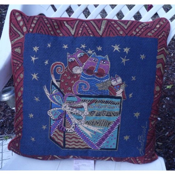 Laurel Burch Cat Feline Holiday Tapestry Accent Decorative Pillow 17" Square - Picture 8 of 9